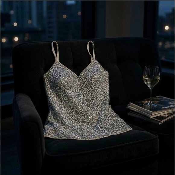 The Limited Grey Sequin Camisole Tank Top M – Adjustable Straps Glittery Party T - Picture 1 of 9